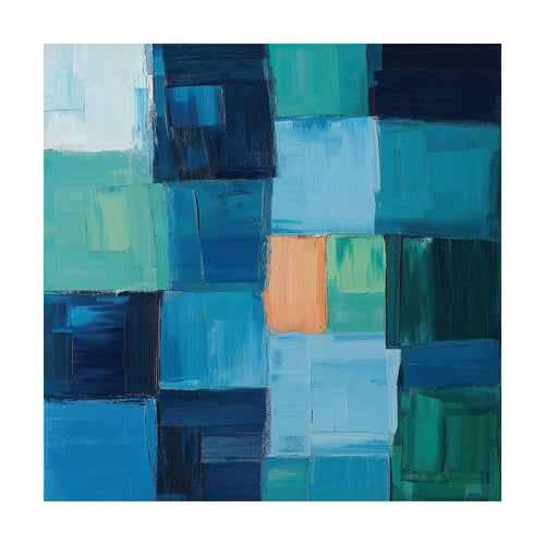 Blue Mosaic is an abstract oil painting composed of a grid of blue, green, and teal squares with a single orange square near the center.