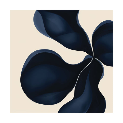Blossom Blue abstract digital art featuring flowing, dark blue organic shapes arranged like flower petals against a light cream background, styled as minimalist wall art.