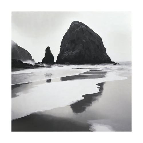 Basalt Beach is a minimalist coastal painting in black and white, featuring a large, dark sea stack on a misty beach with wet sand reflecting the overcast sky.