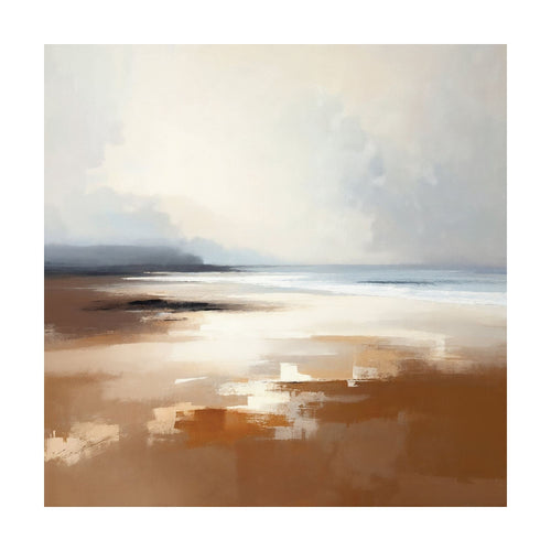 Amber Shore abstract painting of a hazy coastline, featuring a sandy beach and a calm, misty ocean under a pale sky for a piece of serene wall art.