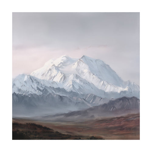 An oil painting of the Alpine Majesty peak covered in snow, rising above a hazy, dark landscape.