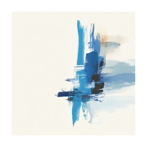 Azure Convergence abstract print featuring bold, vertical and horizontal blue and black brushstrokes on a cream background.