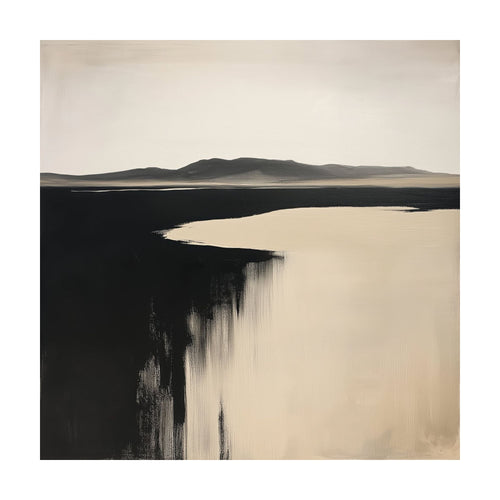 Black Shore abstract wall art depicting a dark coastline meeting a light-colored body of water under a hazy sky.