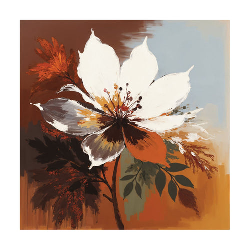 Autumn Radiance is an abstract painting of a large white flower with dark-toned accents, set against a brown and blue background, creating a bold floral composition surrounded by stylized autumn foliage.