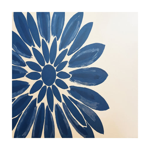 Azure Radiance is a stylized blue flower with long, painterly petals on a light background, perfect as contemporary bedroom wall art.