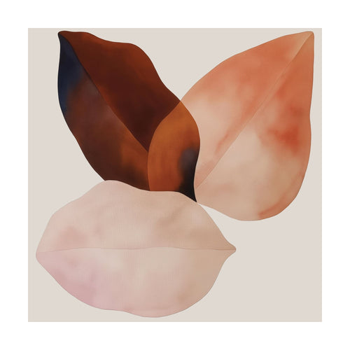 Autumn Petals abstract watercolor painting of three overlapping leaves in shades of deep brown, orange, and pale pink against a light beige background, styled as minimalist vintage wall art.