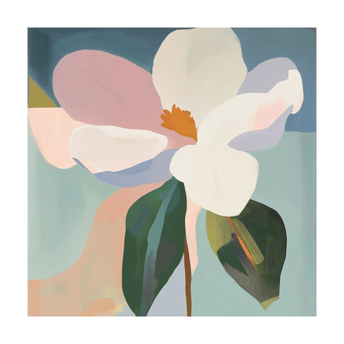 Bold Bloom abstract painting of a large white magnolia flower with green leaves against a muted blue background, ideal as floral wall art for bedroom decor.