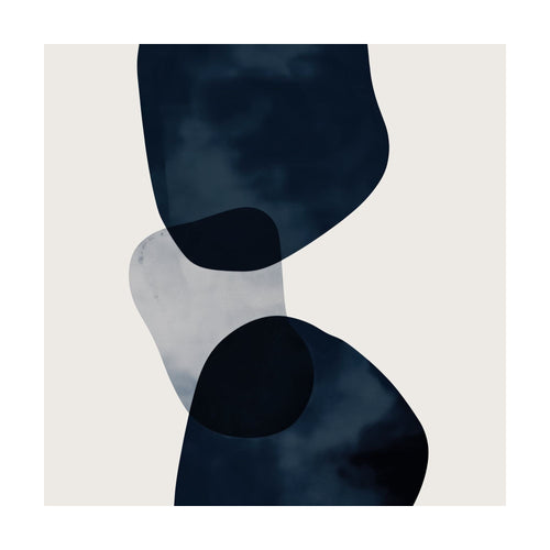 Blue Currents minimalist abstract wall art featuring three overlapping organic shapes in shades of deep blue and light gray against a pale background.