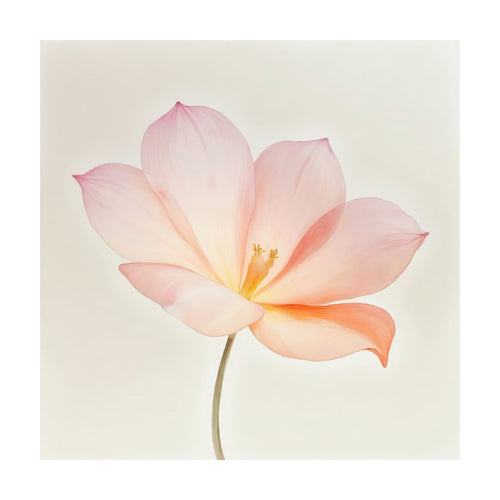 A single Blush Magnolia flower with pale pink, translucent petals on a thin stem, ideal for minimalist floral wall art.