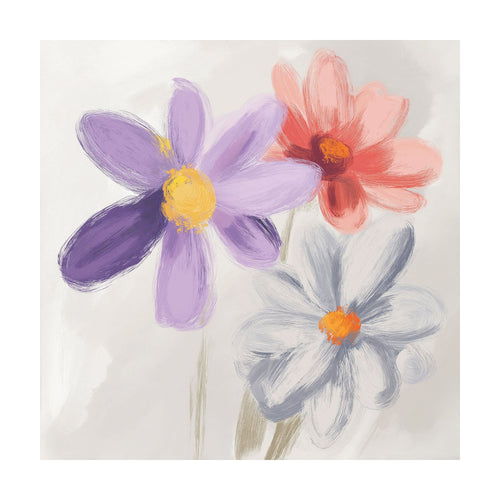 Blooming Harmony impressionist-style botanical wall art featuring three flowers in shades of purple, pink, and white.