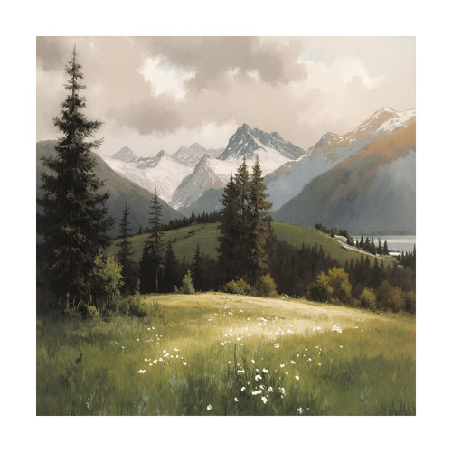 Alpine Meadow painting of an alpine meadow with white wildflowers, framed by pine trees and distant snow-capped mountains in a Nordic park.