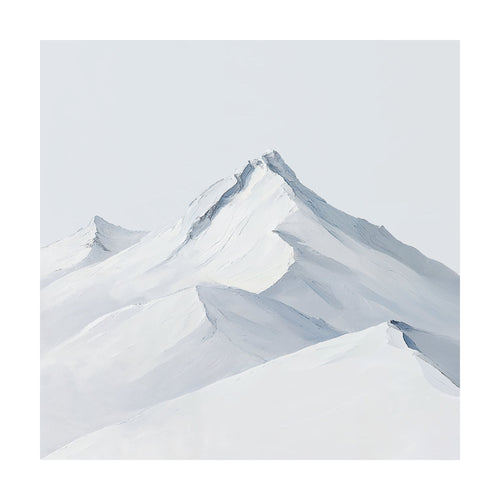 Alpine Ascent oil painting featuring snow-covered mountain peaks against a pale sky, serving as minimalist wall art.