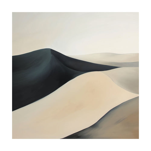 Black Veil minimalist wall art painting of sweeping sand dunes in shades of dark gray, beige, and cream.