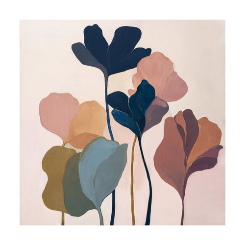 Autumn Garden stylized painting of abstract flowers in muted tones of navy, pink, rust, and olive on a pale background, perfect as contemporary wall art.