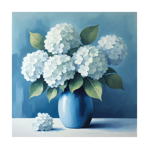 Azure Cluster oil painting of white hydrangea blossoms in a blue vase, with a single bloom resting on the table.