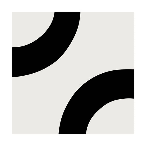 Bold Orbit is a square tile featuring two black arcs curving into the center from the top-left and bottom-right corners against a light background, in a style suitable for minimalist wall art.