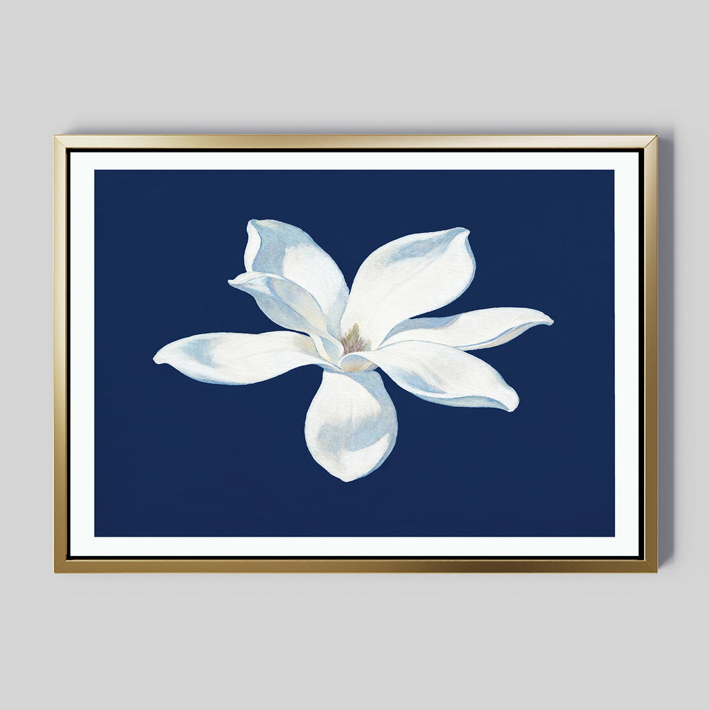The Starlit Magnolia Canvas Art - Horizontal features a white magnolia illustration on a dark blue background in a gold and white frame, adding contemporary style to your wall décor.