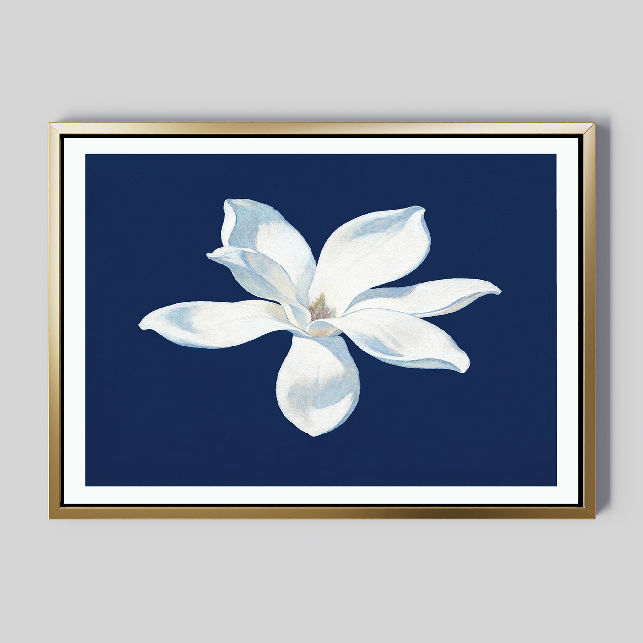The Starlit Magnolia Canvas Art - Horizontal features a white magnolia illustration on a dark blue background in a gold and white frame, adding contemporary style to your wall décor.