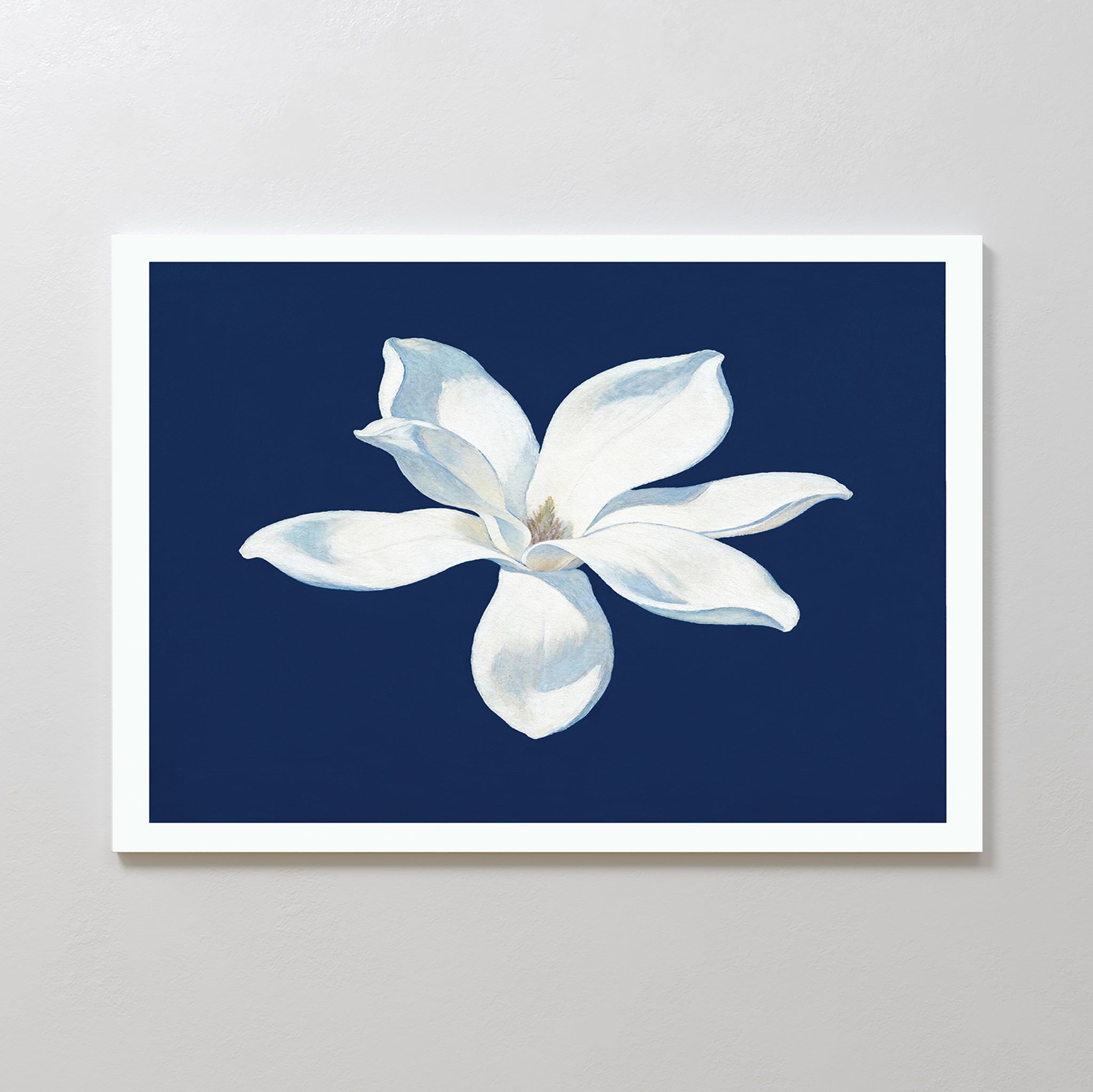 The Starlit Magnolia Canvas Art - Horizontal features a white magnolia illustration centered on a dark blue background, displayed in a white frame against a light gray wall—a stunning contemporary accent.