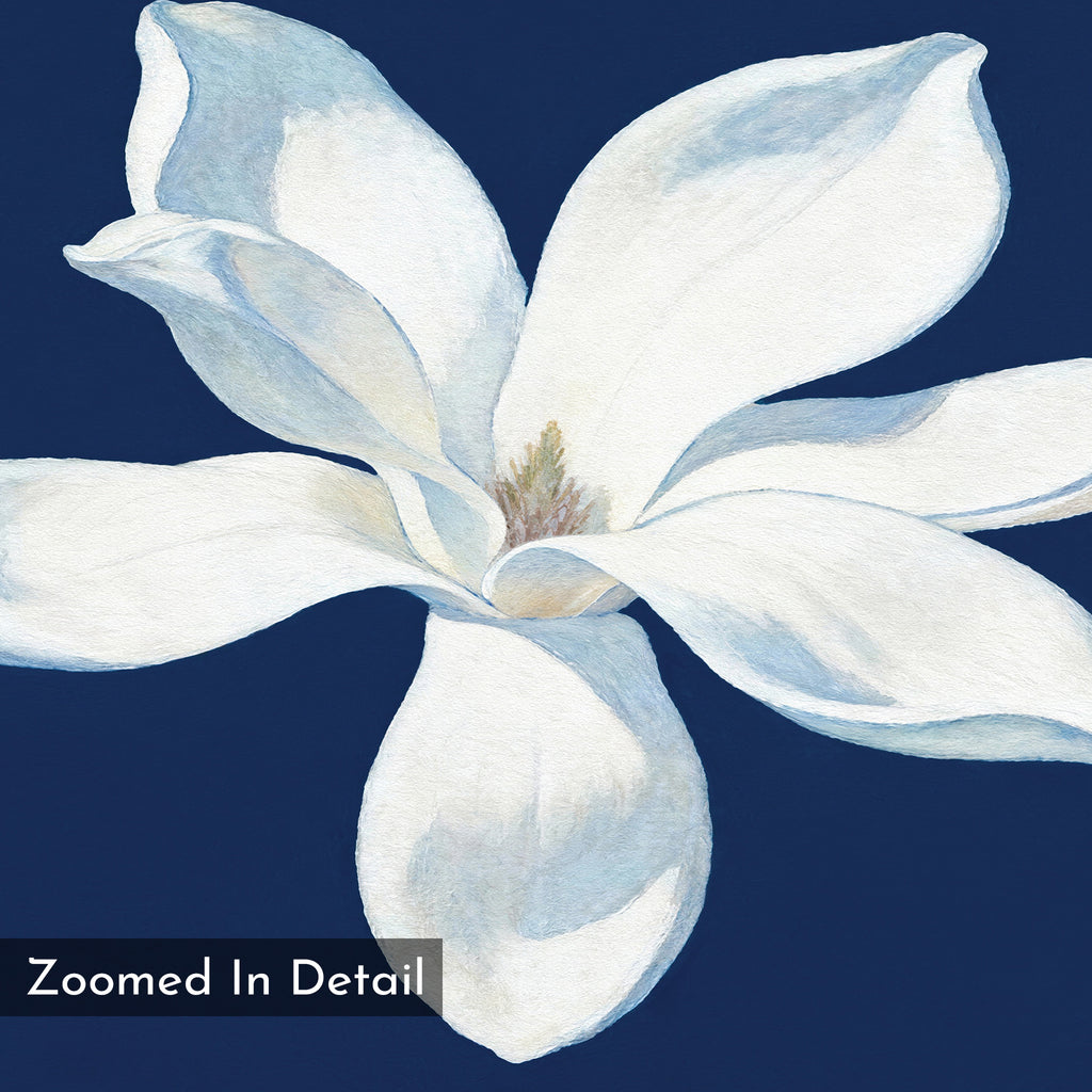 Starlit Magnolia Canvas Art - Horizontal features a detailed white magnolia with blue-gray shadows on a dark blue background. "Zoomed In Detail" appears in the lower left, making it perfect as contemporary wall art.