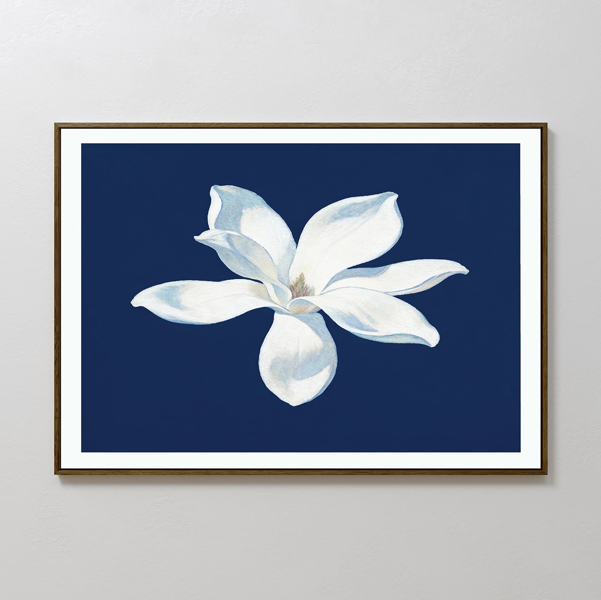 The Starlit Magnolia Canvas Art - Horizontal, with its framed single white flower on a dark blue background and white mat, adds contemporary elegance to any light-colored wall.