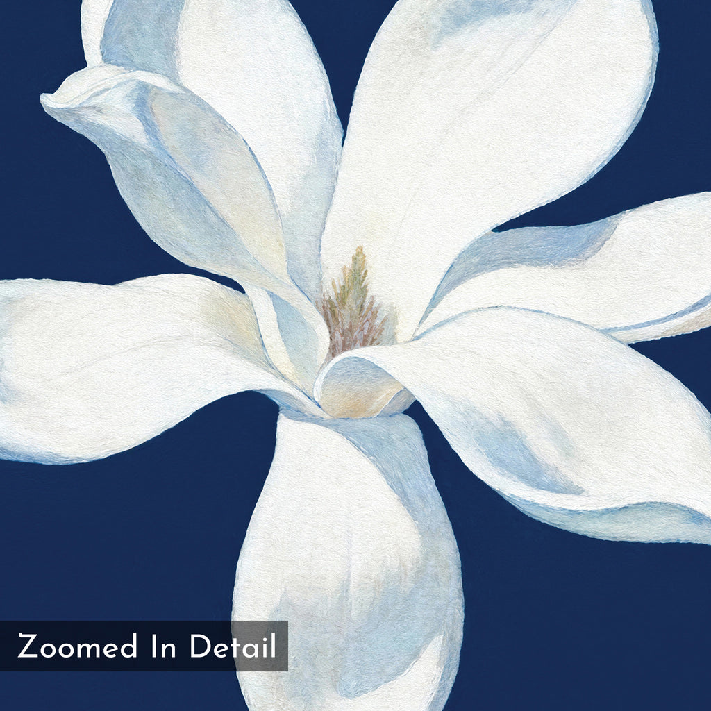 A close-up illustration of a white magnolia with detailed petals on a dark blue background. “Zoomed In Detail” appears in the lower left. This is the Starlit Magnolia Canvas Art - Square, perfect for adding elegance to any space.
