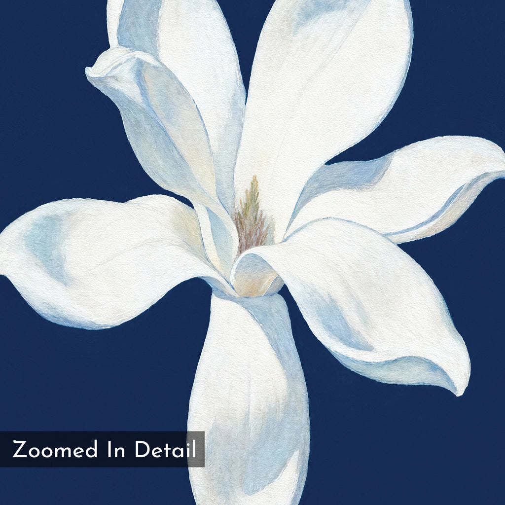 A close-up of a white magnolia with detailed petals against a dark blue background. The Starlit Magnolia Canvas Art - Vertical includes “Zoomed In Detail” text in the lower left, perfect as contemporary wall art.