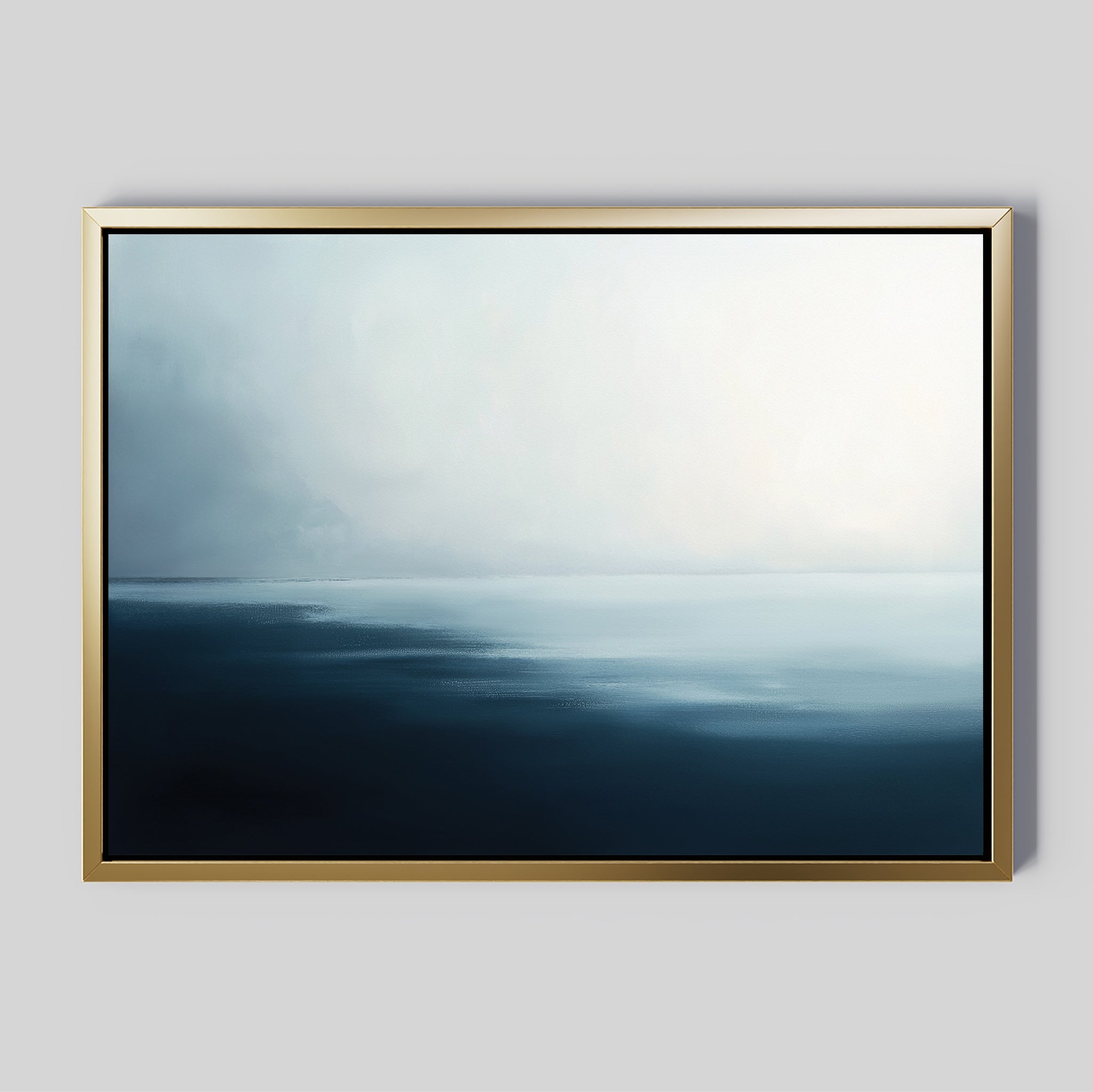 Steel Harbor Mist Canvas Art - Horizontal features soft, blended blue and white shades inspired by misty harbors, creating a serene seascape—ideal Nordic Park wall art for a light grey wall.