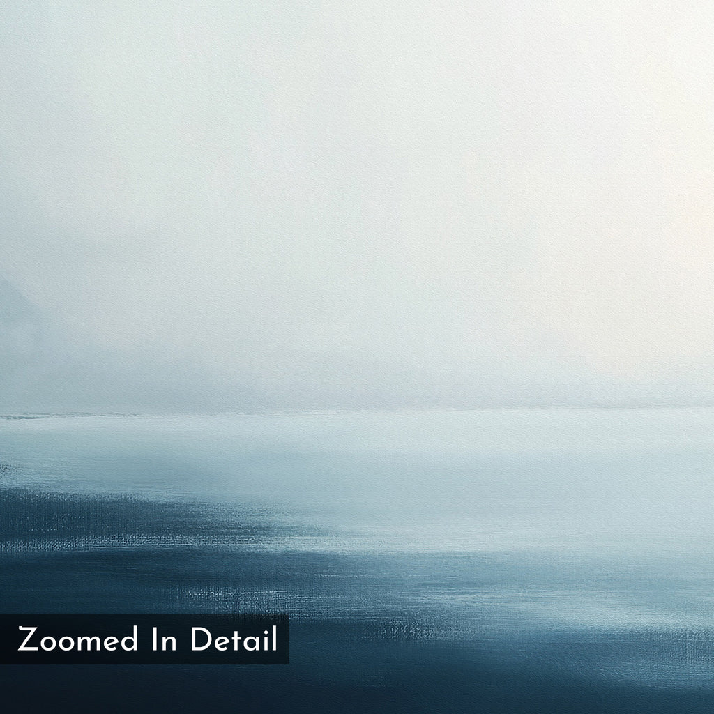 Steel Harbor Mist Canvas Art - Horizontal features gentle blue tones blending into white, evoking a tranquil seascape. Ideal wall art for modern interiors. "Zoomed In Detail" appears in a black box at the bottom left corner.