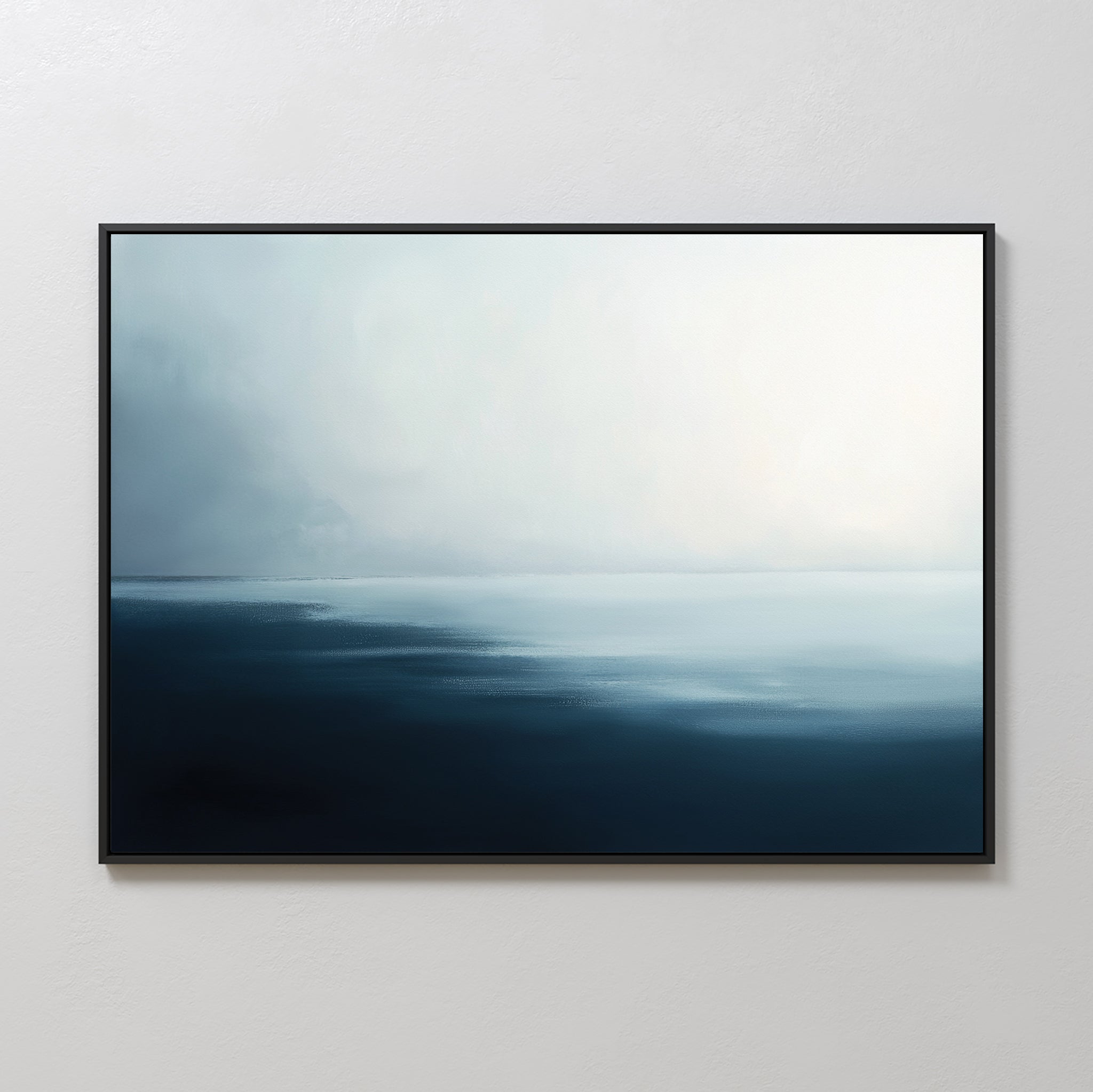 Steel Harbor Mist Canvas Art - Horizontal: A framed abstract painting of a tranquil seascape with deep blue water and a misty gray sky, creating minimalist wall art perfect for any space.