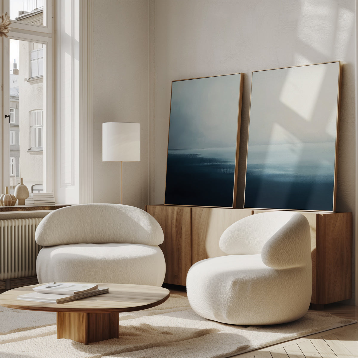 A modern living room features the Steel Harbor Mist - Set Of 2 white rounded armchairs, a low wooden coffee table, a wooden sideboard, abstract seascape wall art, and a tall floor lamp with sunlight streaming through tall windows.