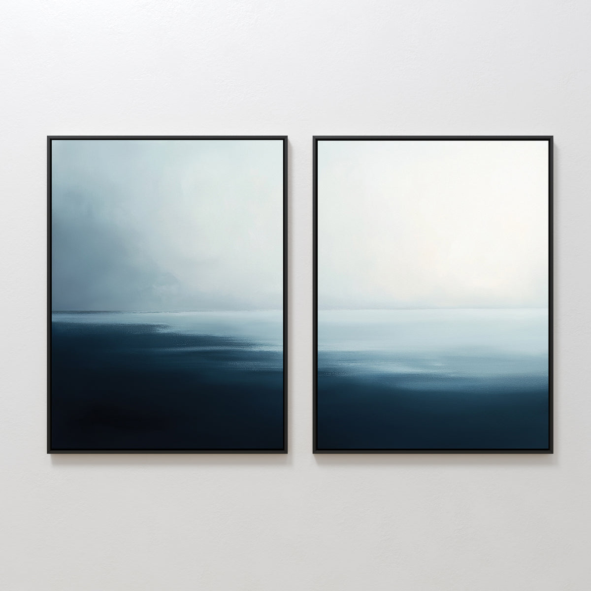 Steel Harbor Mist - Set Of 2 features framed abstract prints of calm, misty seascapes in soft steel blue tones, ideal as serene minimalist wall art for any Nordic Park-inspired space.
