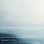 A close-up of Steel Harbor Mist Canvas Art - Square shows soft blue and white gradients blending like a misty seascape. "Zoomed In Detail" appears in the corner. Ideal wall art for creating a calm, serene atmosphere.