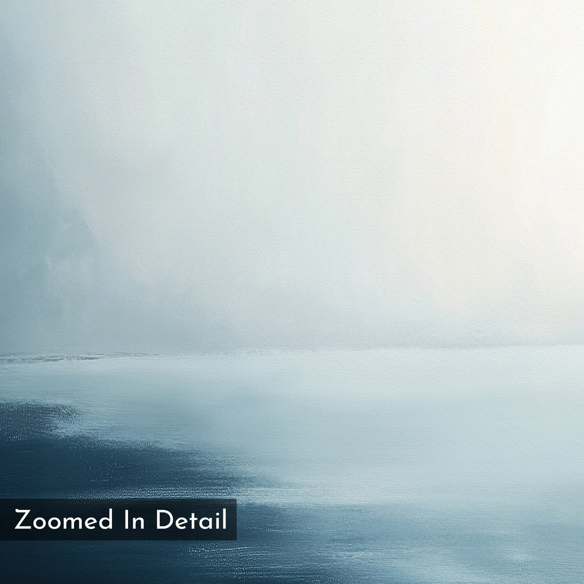Steel Harbor Mist Canvas Art – Vertical showcases soft blue and white tones blending softly like mist over water. With calming brushstroke textures, it's ideal wall art for a serene living room. Text on image reads "Zoomed In Detail.