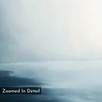 Steel Harbor Mist Canvas Art – Vertical showcases soft blue and white tones blending softly like mist over water. With calming brushstroke textures, it's ideal wall art for a serene living room. Text on image reads "Zoomed In Detail.