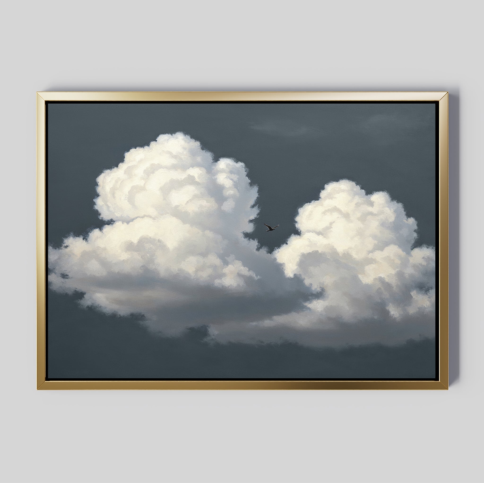 The Storm Passage Canvas Art - Horizontal features two large, fluffy white clouds in a dark gray sky with a small bird soaring between them, set against a plain light gray background for a bold wall art statement.