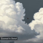 A single bird soars near fluffy clouds in a moody overcast sky on the Storm Passage Canvas Art - Horizontal, featuring a painted, textured effect for striking detail. "Zoomed In Detail" is displayed in the corner.