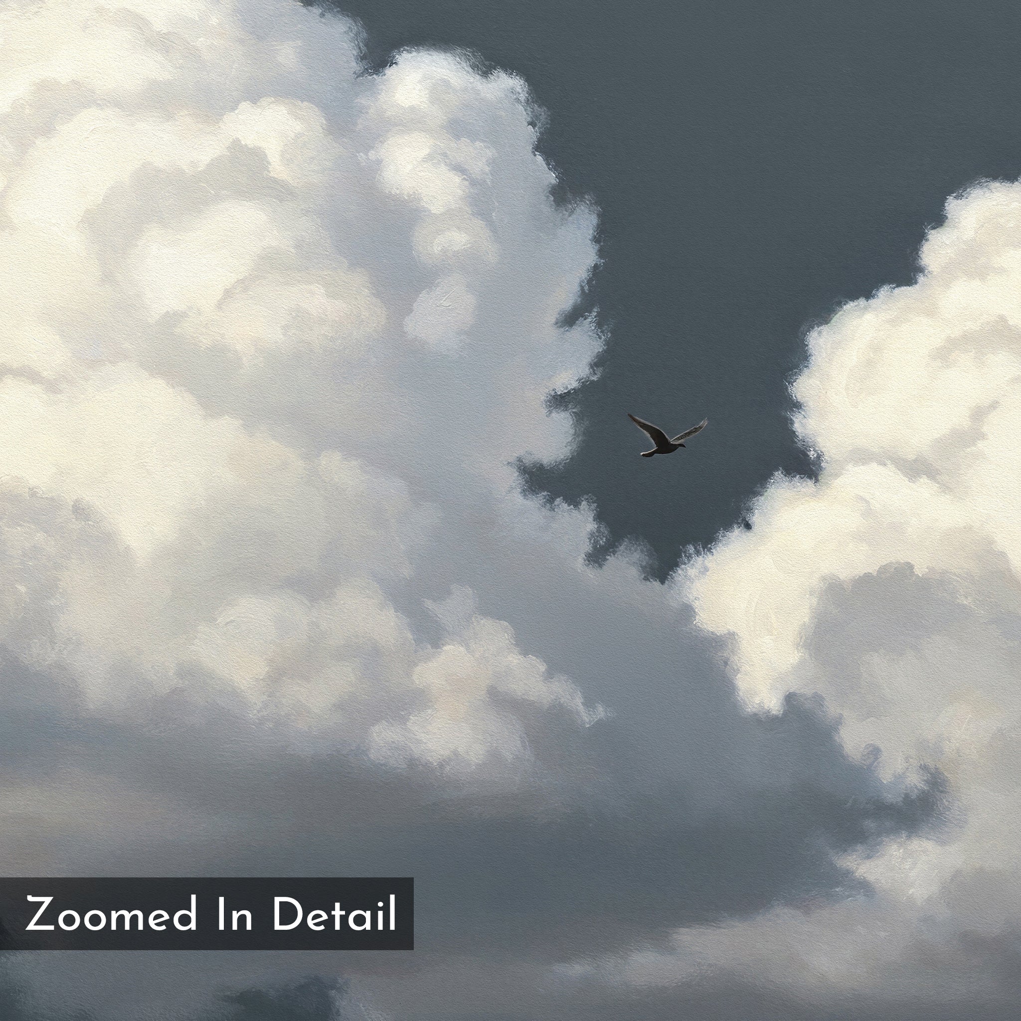A single bird soars near fluffy clouds in a moody overcast sky on the Storm Passage Canvas Art - Horizontal, featuring a painted, textured effect for striking detail. "Zoomed In Detail" is displayed in the corner.