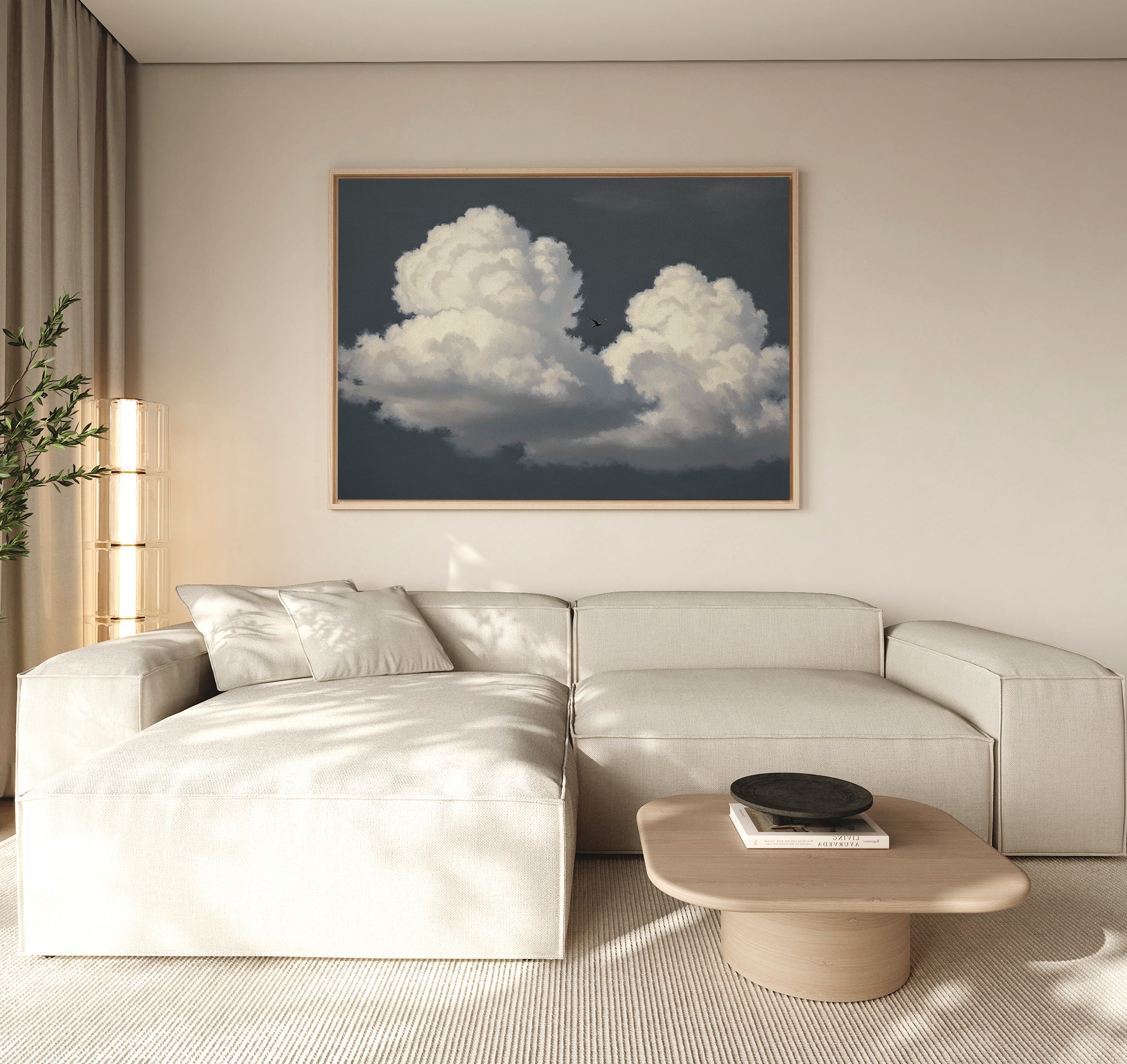 A living room with a large white couch and the Storm Passage Canvas Art - Horizontal on the wall.