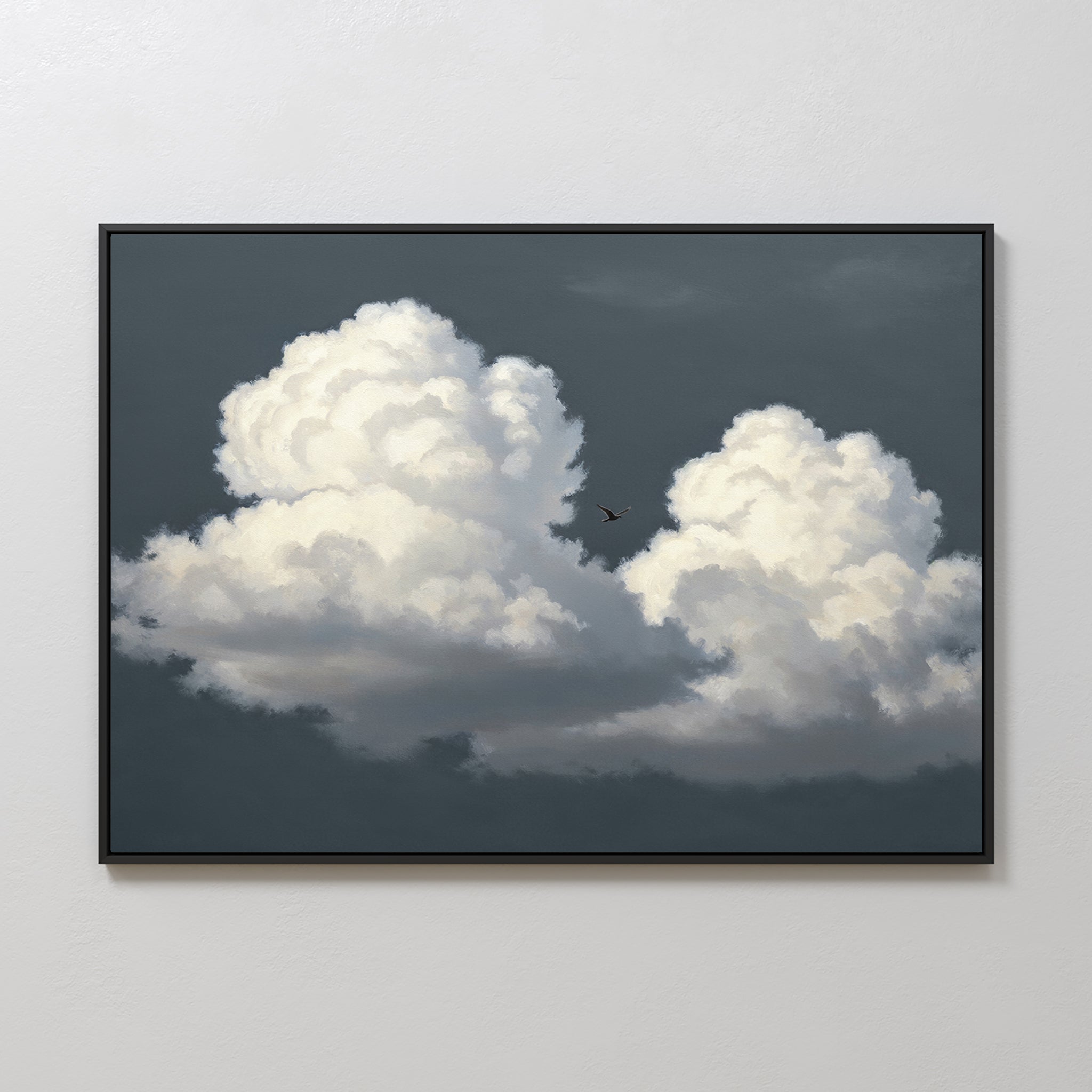 Storm Passage Canvas Art - Horizontal hangs on a light wall, showing two large fluffy white clouds in a dark sky with a small airplane flying between them—a striking piece of storm-inspired wall art.