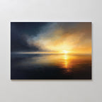 Storm's Edge Canvas Art - Horizontal features a serene seascape at sunrise or sunset, with golden sunlight on calm water blending into blue and storm clouds. This atmospheric print is shown mounted on a plain white wall.