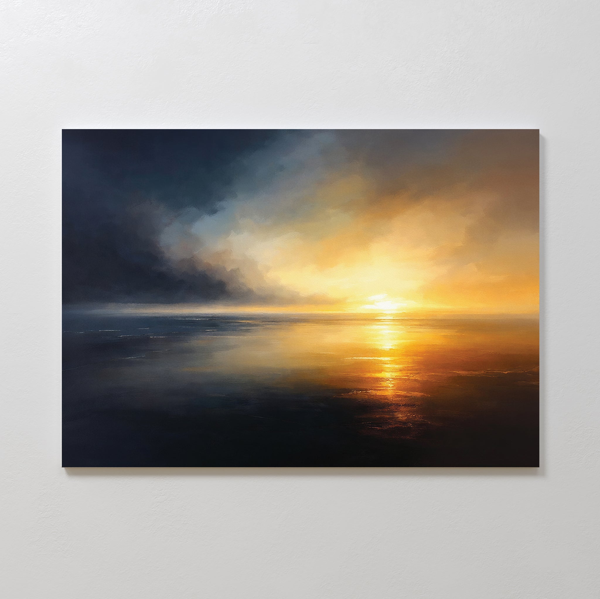 Storm's Edge Canvas Art - Horizontal features a serene seascape at sunrise or sunset, with golden sunlight on calm water blending into blue and storm clouds. This atmospheric print is shown mounted on a plain white wall.