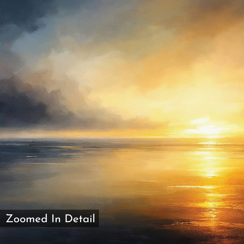 The Storm's Edge Canvas Art - Horizontal features a vibrant sunset over calm water, golden sunlight reflecting on the surface, and dramatic storm clouds. "Zoomed In Detail" appears in the lower left corner.