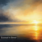 The Storm's Edge Canvas Art - Horizontal features a vibrant sunset over calm water, golden sunlight reflecting on the surface, and dramatic storm clouds. "Zoomed In Detail" appears in the lower left corner.