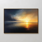 Storm's Edge Canvas Art - Horizontal features a serene seascape at sunset, with vivid yellow and orange sunlight on calm water blending into dark blue and gray storm clouds—an atmospheric piece ideal for wall décor.