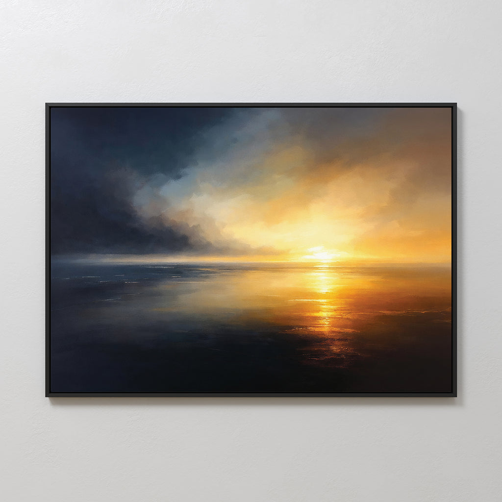 The Storm's Edge Canvas Art - Horizontal features a serene sunset over water, with vibrant orange and yellow tones reflected below dark blue storm clouds—an atmospheric piece displayed on a white wall.