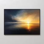 The Storm's Edge Canvas Art - Horizontal features a serene sunset over water, with vibrant orange and yellow tones reflected below dark blue storm clouds—an atmospheric piece displayed on a white wall.