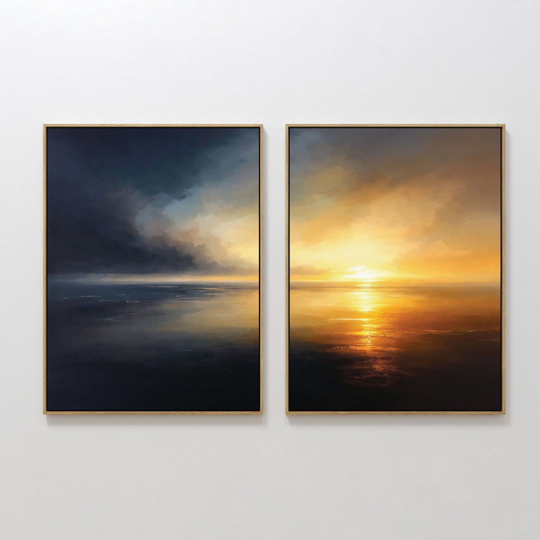 Storm's Edge - Set of 2: Two framed canvas prints side by side—one with dark blue and gray storm clouds, the other with warm orange and yellow sunset tones reflected on the water.