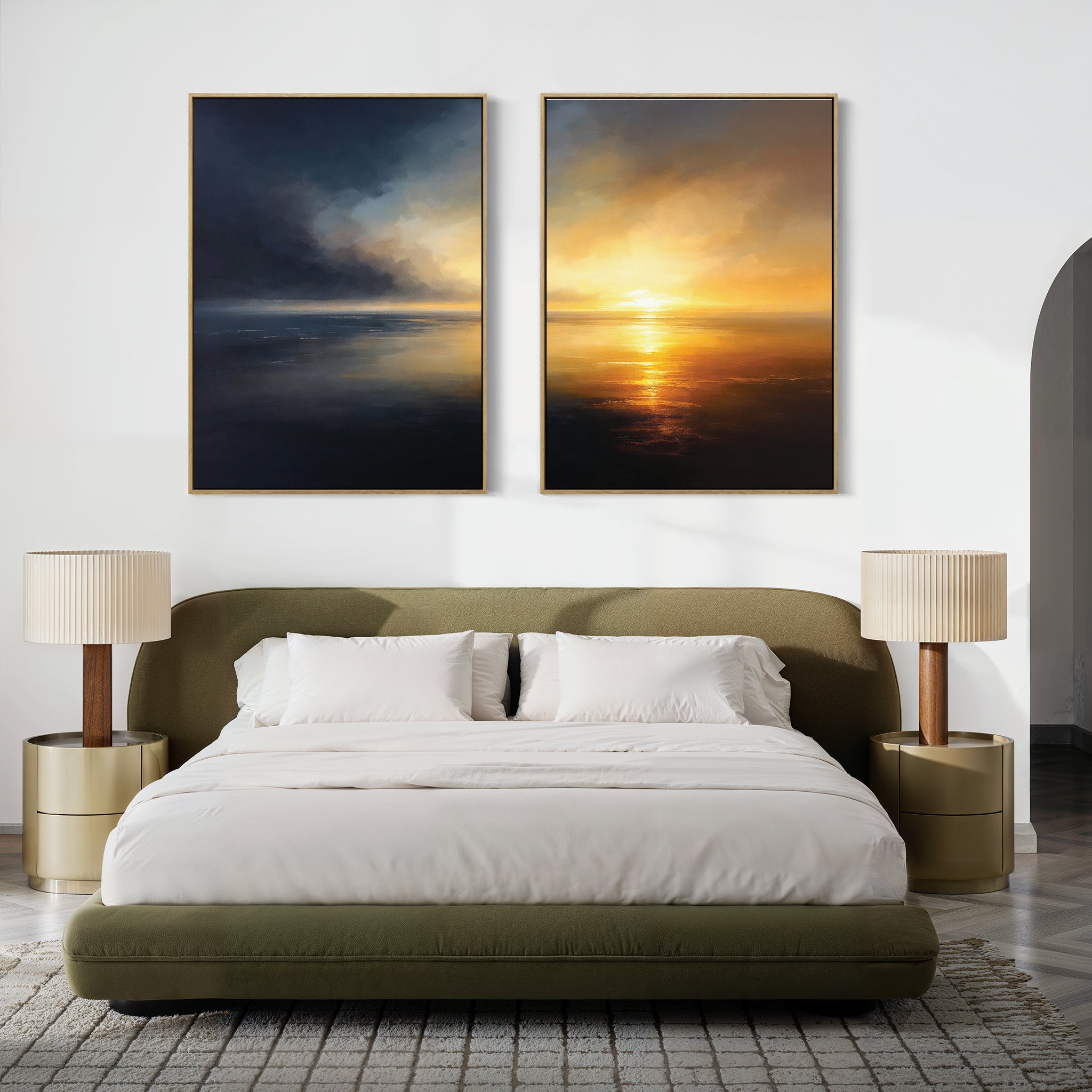 A bed with a bed frame, two lamps, and Storm's Edge - Set of 2 art prints above, creating a serene Nordic Park-inspired atmosphere.
