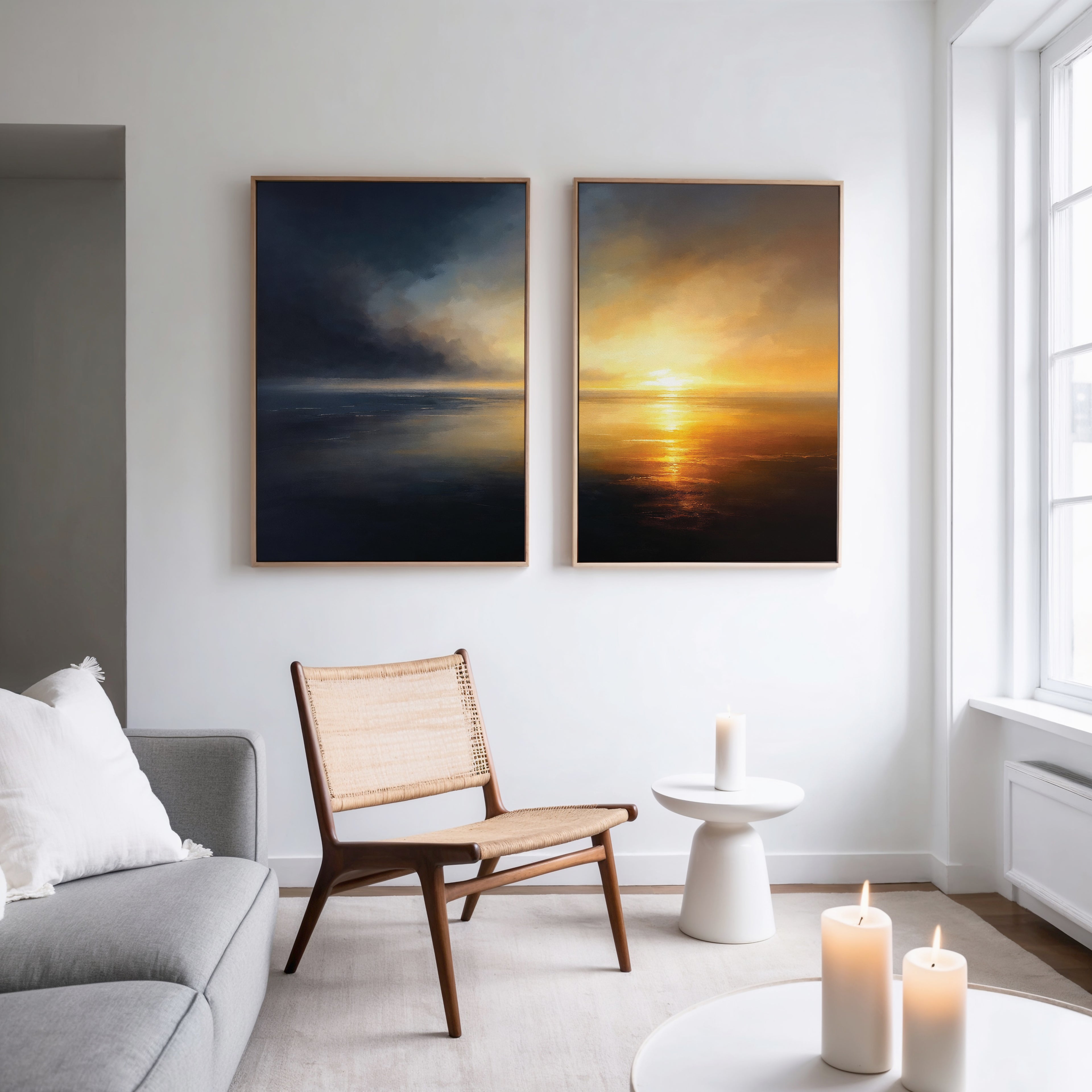 A modern living room with a light gray sofa, wooden chair, and small round table features the "Storm’s Edge - Set of 2" canvas prints on the wall and several lit candles for a cozy ambiance.